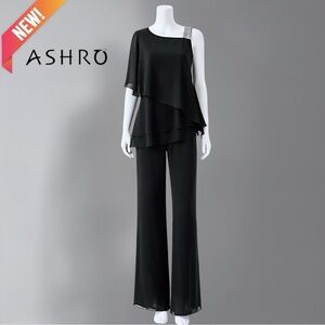Ashro Black One-Shoulder Layered Wide-Leg Jumpsuit